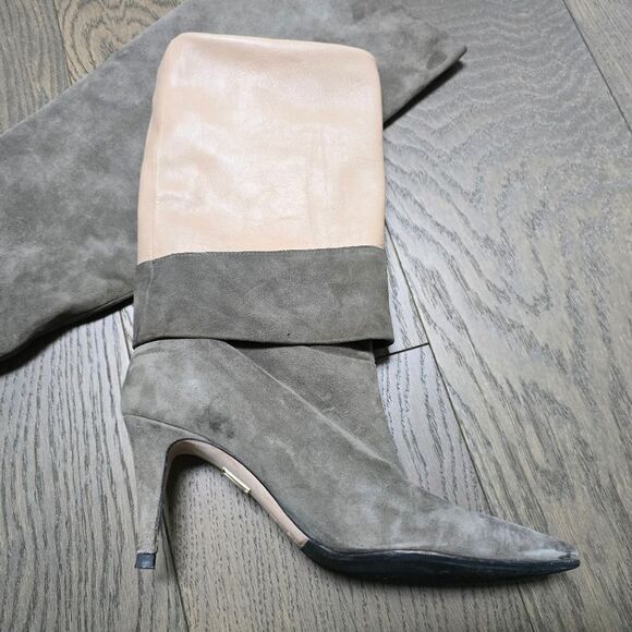 Tamara Mellon Icon 75 Knee High Nappa Suede Heeled Slouch Boot in Moss Gray - Picture 9 of 14